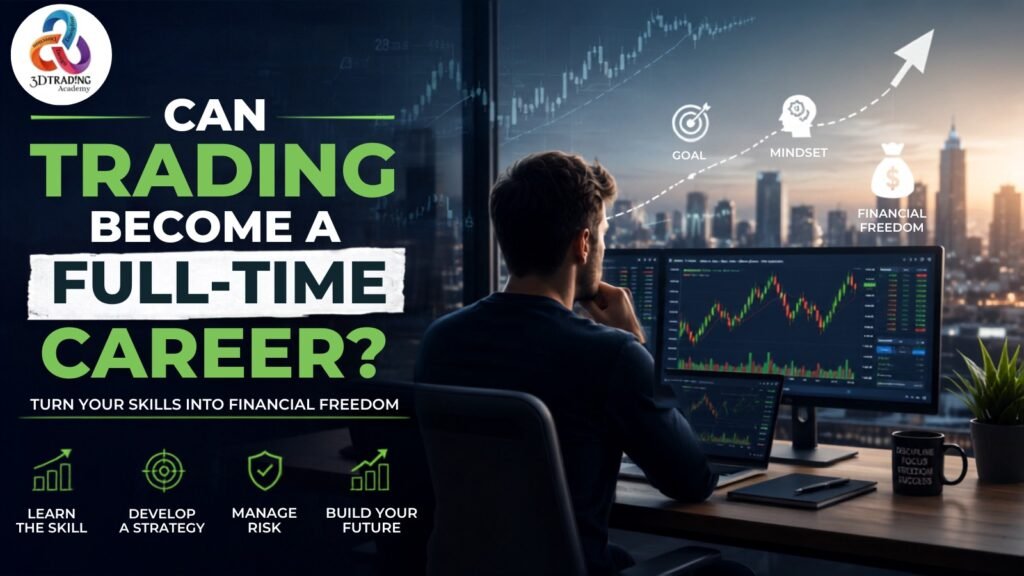 Can Trading Become a Full-Time Career? Professional trader analyzing stock market charts on multiple monitors.